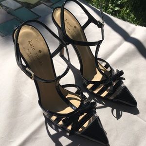 Black patent and clear striped Kate Spade heels
